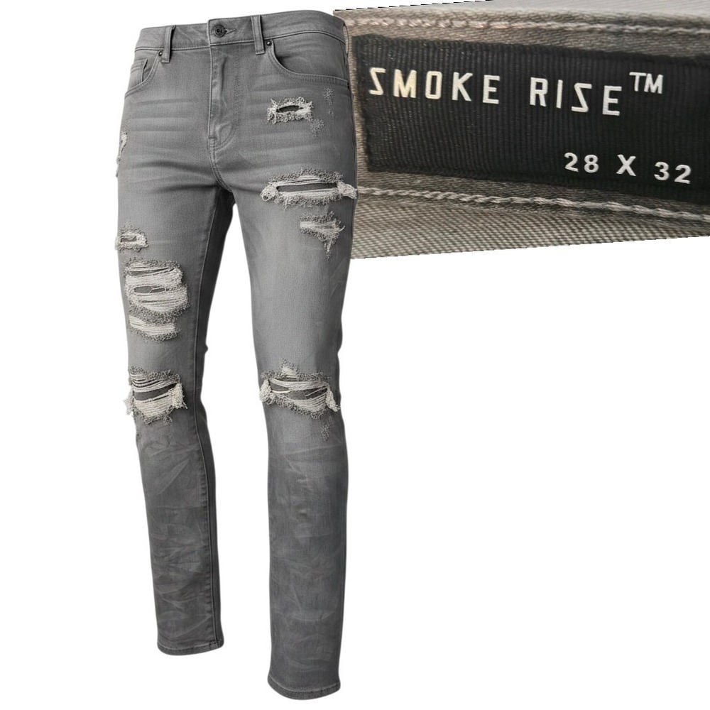 SMOKE RISE Mens Distressed Grey Denim Jeans Size 28x32 Slim Fit Ripped